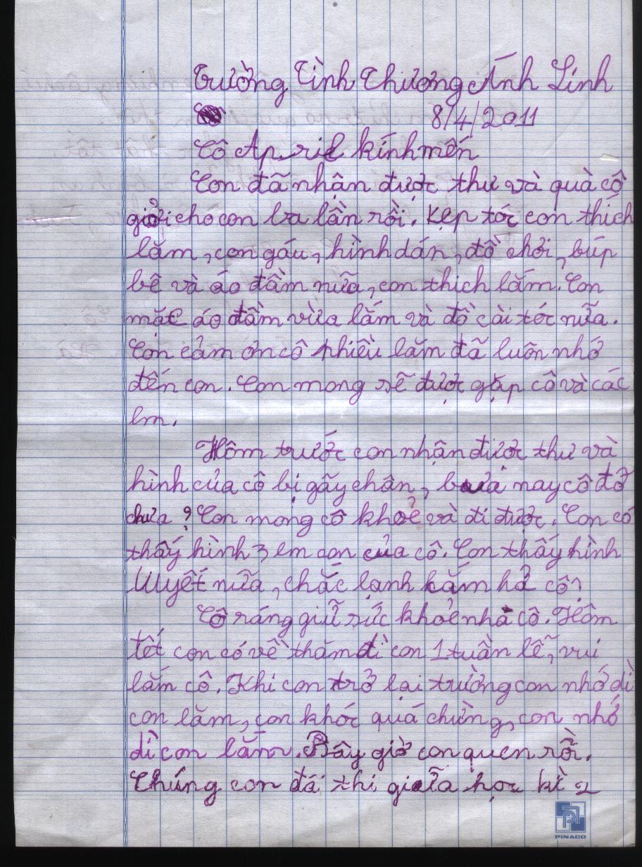 Letter from child written to sponsors in Vietnamese. Anh Linh School, Saigon HCMC Vietnam.